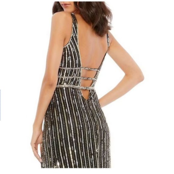 MAC DUGGAL SEQUIN DEEP V-NECK SLEEVELESS THIGH SLIT BLACK/GOLD GOWN sz 0 - Picture 4 of 4